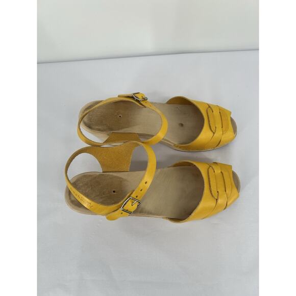 Swedish Hasbeens Yellow Wooden Clog Sandal Peep Toe Size 41 US 11 - Picture 4 of 14